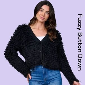 Mustard Seed Black Fuzzy Button Down Sweater. Sizes Small, Medium, Large